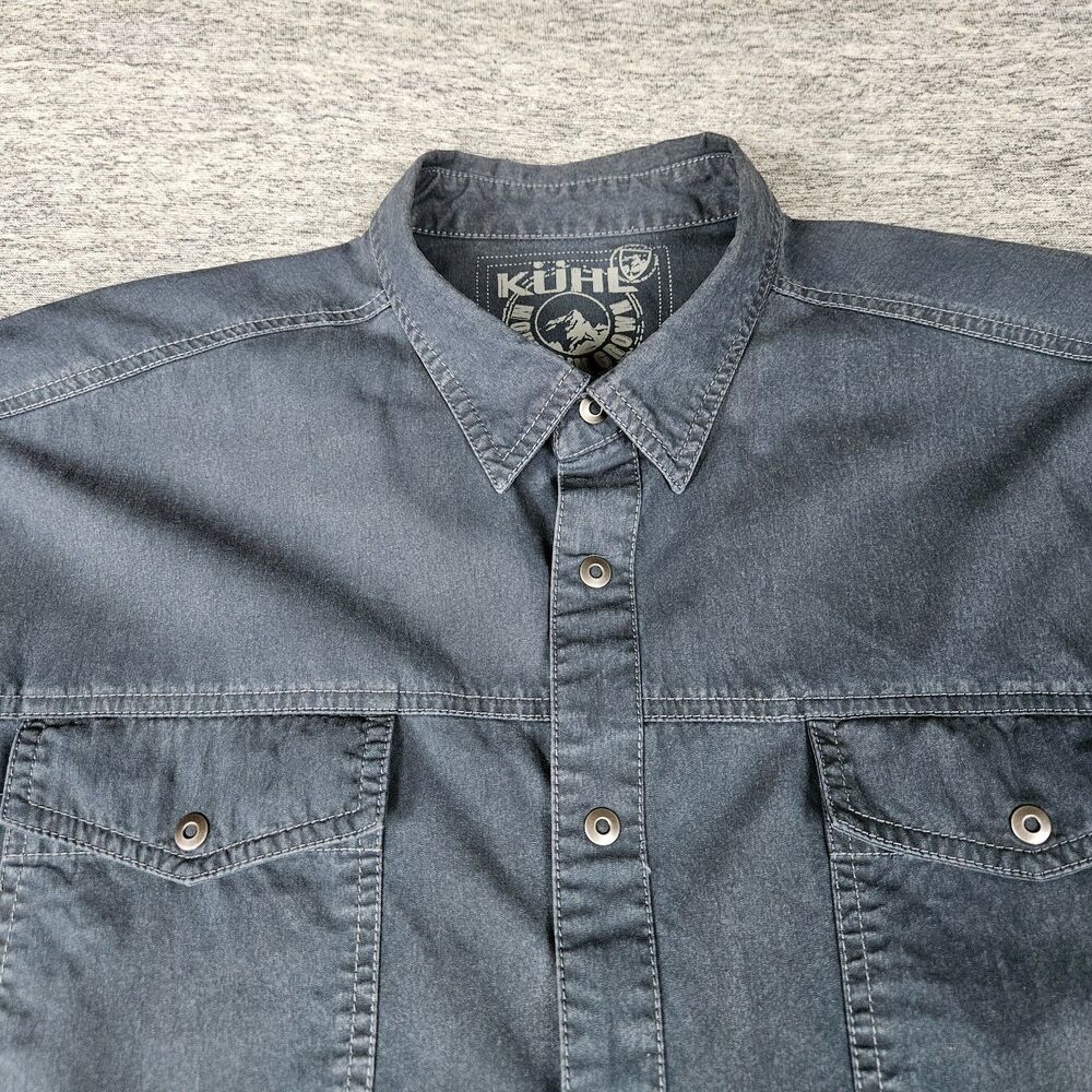 Kuhl Mountain Grown Snap Button Shirt Solid Blue Nylon Cotton Stretch Men's XXL